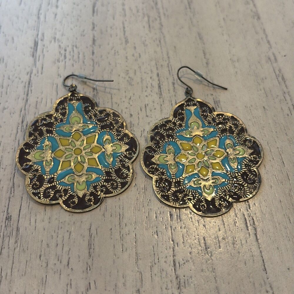 Fabulous bold enamel metal pierced dangle earrings Spring floral abstract boho
